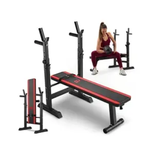 Comparateur de prix : Hop-Sport Banc de Musculation Plat, Pliable HS-1080 avec Support de Barres, Banc d'Entraînement Multifonction, Chandelles Réglables