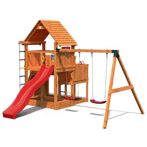 Aire de jeux en bois avec toboggan rouge et 2 balançoires Fungoo