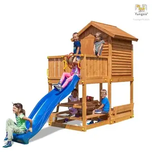 Aire de jeux en bois avec maison et toboggan bleu Fungoo