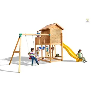 Aire de jeux en bois avec toboggan jaune, cabane, balançoire Fungoo pas cher