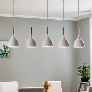 Luminex Suspension Noak 5 lampes longue blanc/bois naturel pas cher