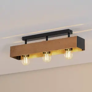 Luminex Plafonnier Miluza, noir/brun, longueur 57 cm, bois, 3 lampes pas cher