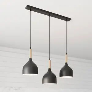 Luminex Suspension Noak 3 lampes allongée noire/bois pas cher