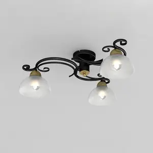 Luminex Plafonnier Flora, 3 abat-jour verre, noir/laiton pas cher