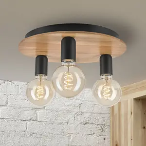 Lamkur Lighting Plafonnier Dusty, bois de hêtre, noir, Ø 33 cm, à 3 lampes pas cher