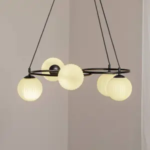 EMIBIG LIGHTING Lampe de salon Libra, opale/noir, Ø 70 cm, verre, 5 la...