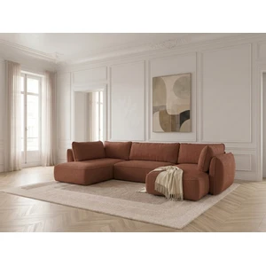 Canapé d'angle panoramique convertible ESMEE tissu chenille orange angle droit BOBOCHIC 5 places pas cher