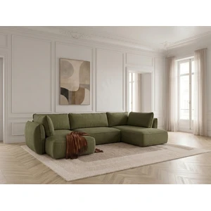 Canapé d'angle panoramique convertible ESMEE tissu chenille vert angle gauche BOBOCHIC 5 places pas cher
