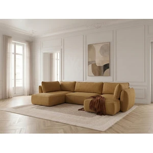 Canapé d'angle panoramique convertible ESMEE tissu chenille jaune angle droit BOBOCHIC 5 places pas cher