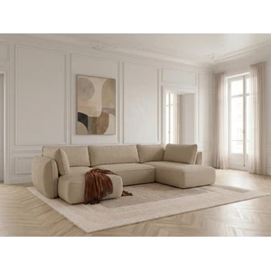 Canapé d'angle panoramique convertible ESMEE tissu chenille beige  angle gauche BOBOCHIC 5 places pas cher