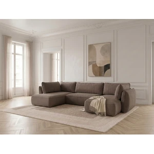 Canapé d'angle panoramique convertible ESMEE tissu chenille taupe  angle droit BOBOCHIC 5 places pas cher
