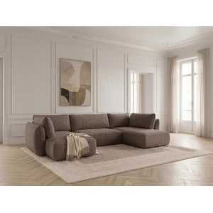 Canapé d'angle panoramique convertible ESMEE tissu chenille taupe  angle gauche BOBOCHIC 5 places pas cher