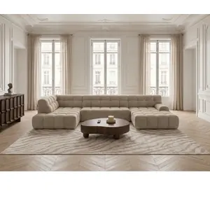Canapé panoramique avance-recule électrique ANDRE tissu texturé beige angle gauche BOBOCHIC 4 places pas cher