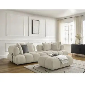 Canapé droit fixe 4 places ALYA tissu bouclette avec pouf beige   BOBOCHIC pas cher