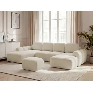 Canapé panoramique convertible coffre MONTAIGNE tissu bouclette avec pouf beige  angle droit BOBOCHIC  places pas cher
