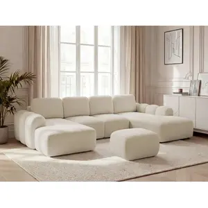 Canapé panoramique convertible coffre MONTAIGNE tissu bouclette avec pouf beige  angle gauche BOBOCHIC  places pas cher
