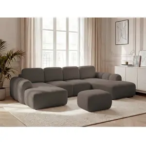 Canapé panoramique convertible coffre MONTAIGNE tissu bouclette avec pouf marron angle gauche BOBOCHIC places pas cher