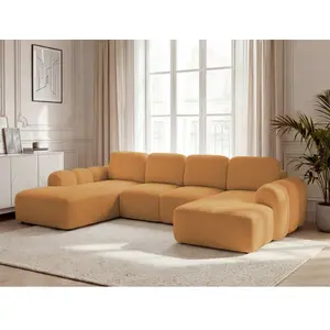 Canapé panoramique convertible coffre MONTAIGNE tissu bouclette jaune angle droit BOBOCHIC places pas cher