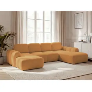 Canapé panoramique convertible coffre MONTAIGNE tissu bouclette jaune angle gauche BOBOCHIC places pas cher