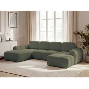 Canapé panoramique convertible coffre MONTAIGNE tissu bouclette vert angle droit BOBOCHIC places pas cher