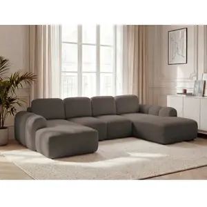 Canapé panoramique convertible coffre MONTAIGNE tissu bouclette marron angle gauche BOBOCHIC places pas cher