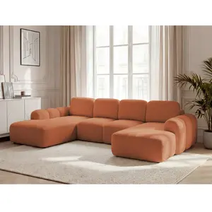 Canapé panoramique convertible coffre MONTAIGNE tissu bouclette orange angle droit BOBOCHIC places pas cher