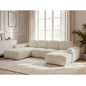 Canapé panoramique convertible coffre MONTAIGNE tissu bouclette beige angle droit BOBOCHIC places pas cher