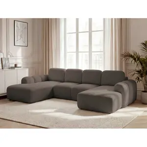 Canapé panoramique convertible coffre MONTAIGNE tissu bouclette marron angle droit BOBOCHIC places pas cher