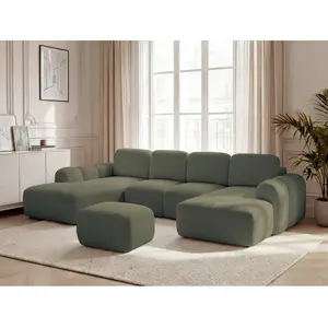 Canapé panoramique convertible coffre MONTAIGNE tissu bouclette avec pouf vert angle droit BOBOCHIC places pas cher