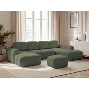 Canapé panoramique convertible coffre MONTAIGNE tissu bouclette avec pouf vert angle gauche BOBOCHIC places pas cher