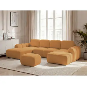 Canapé panoramique convertible coffre MONTAIGNE tissu bouclette avec pouf jaune angle droit BOBOCHIC places pas cher