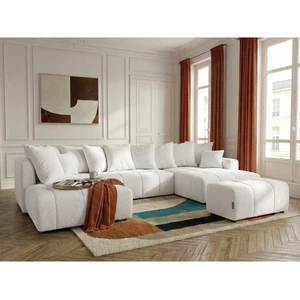 Canapé panoramique convertible ROXELANE tissu bouclette avec pouf blanc angle droit BOBOCHIC 6 places pas cher