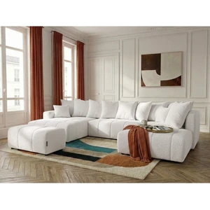 Canapé panoramique convertible ROXELANE tissu bouclette avec pouf blanc angle gauche BOBOCHIC 6 places pas cher