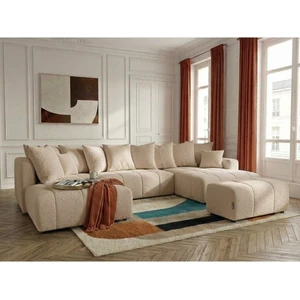 Canapé panoramique convertible ROXELANE tissu bouclette avec pouf beige angle droit BOBOCHIC 6 places pas cher