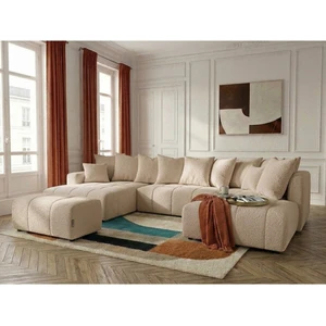 Canapé panoramique convertible ROXELANE tissu bouclette avec pouf beige angle gauche BOBOCHIC 6 places pas cher