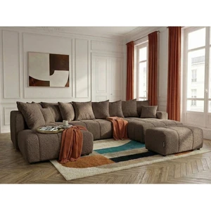 Canapé panoramique convertible ROXELANE tissu bouclette avec pouf marron angle droit BOBOCHIC 6 places pas cher