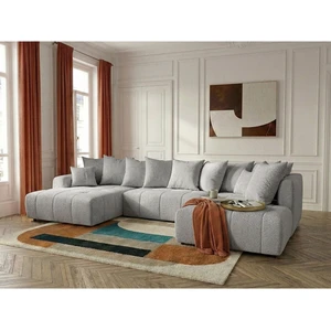 Canapé panoramique convertible ROXELANE tissu bouclette gris clair angle gauche BOBOCHIC 6 places pas cher