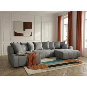 Canapé panoramique convertible ROXELANE tissu bouclette gris foncé angle droit BOBOCHIC 6 places pas cher
