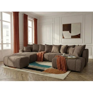 Canapé panoramique convertible ROXELANE tissu bouclette avec pouf marron angle gauche BOBOCHIC 6 places pas cher