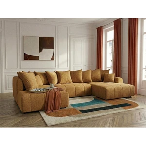 Canapé panoramique convertible ROXELANE tissu bouclette jaune angle droit BOBOCHIC 6 places pas cher