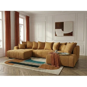 Canapé panoramique convertible ROXELANE tissu bouclette jaune angle gauche BOBOCHIC 6 places pas cher