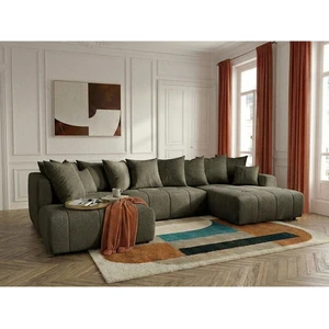 Canapé panoramique convertible ROXELANE tissu bouclette vert angle droit BOBOCHIC 6 places pas cher