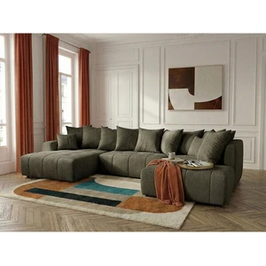 Canapé panoramique convertible ROXELANE tissu bouclette vert angle gauche BOBOCHIC 6 places pas cher