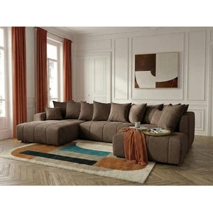 Canapé panoramique convertible ROXELANE tissu bouclette marron angle gauche BOBOCHIC 6 places pas cher