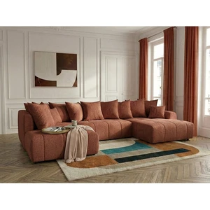 Canapé panoramique convertible ROXELANE tissu bouclette orange angle droit BOBOCHIC 6 places pas cher