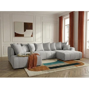Canapé panoramique convertible ROXELANE tissu bouclette gris clair angle droit BOBOCHIC 6 places pas cher