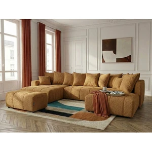 Canapé panoramique convertible ROXELANE tissu bouclette avec pouf jaune angle gauche BOBOCHIC 6 places pas cher