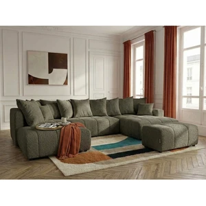 Canapé panoramique convertible ROXELANE tissu bouclette avec pouf vert angle droit BOBOCHIC 6 places pas cher