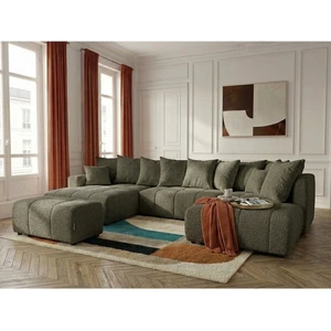 Canapé panoramique convertible ROXELANE tissu bouclette avec pouf vert angle gauche BOBOCHIC 6 places pas cher