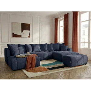 Canapé panoramique convertible ROXELANE tissu bouclette avec pouf bleu foncé angle droit BOBOCHIC 6 places pas cher